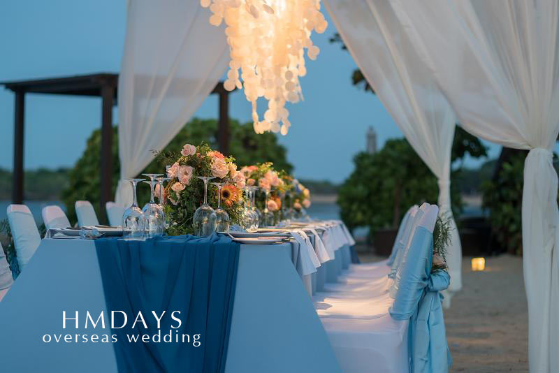 巴厘島肉桂沙灘宴會標準布置（藍色）|海外婚禮定制中高端布置案例|巴厘島婚禮布置定制案例